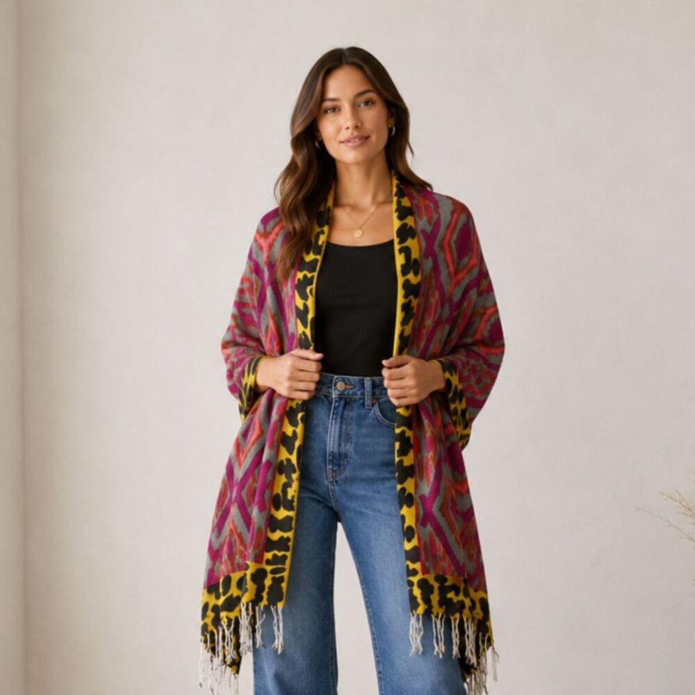 VTG Lucky Wool Blend Fringe Shawl Scarf Animal Print Boho Indie Coverup Wrap